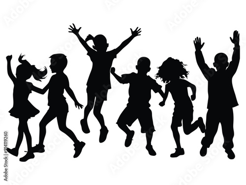 Jubilant Children Jumping and Celebrating Silhouettes