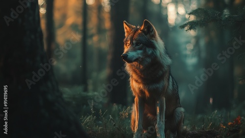 Beautiful wolf illuminated by golden light in a shadowy forest. The animal stands alert, its fur glowing warmly against the cool, misty background of trees. A captivating wildlife scene.