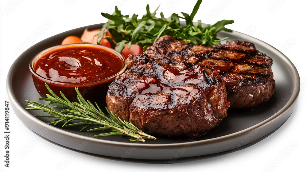 Grilled meat with vegetables, including ribs and lamb chops, served on a plate Grilled meat with vegetables, including ribs and lamb chops, served on a plate