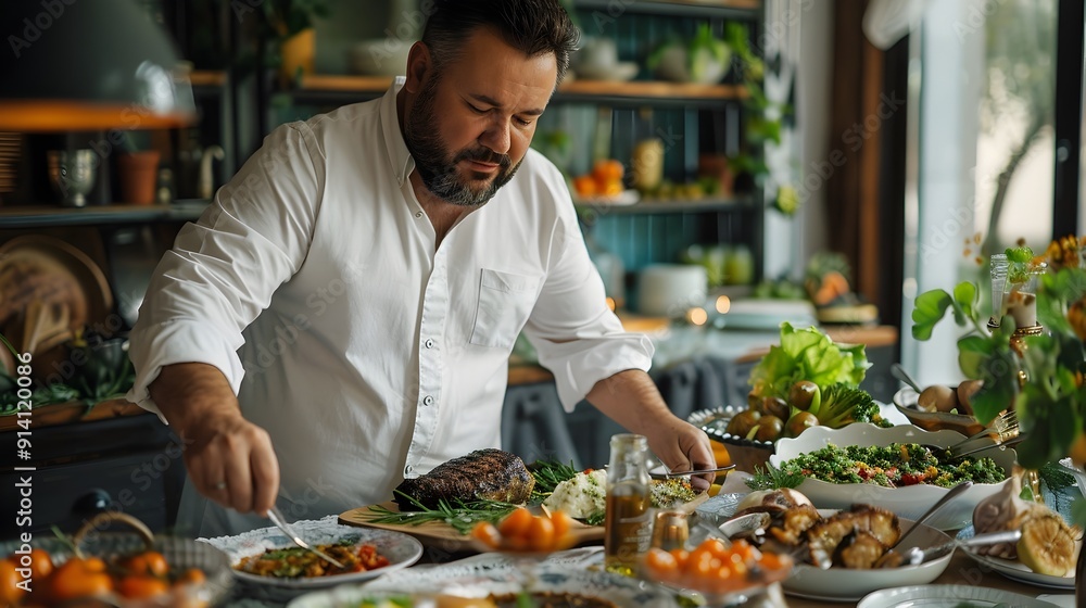 Gourmet Chef Hosting Elegant Dinner Party with Beautifully Prepared Dishes Gourmet Chef Hosting Elegant Dinner Party with Beautifully Prepared Dishes