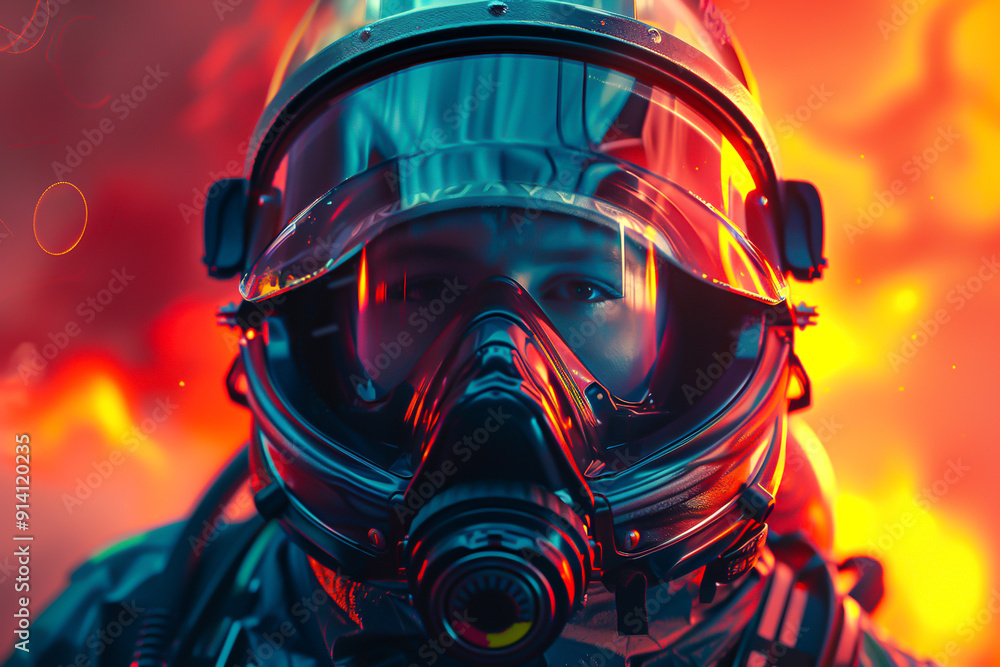 A colorful, fashionable firefighter in 3D, closeup view, showcasing modern firefighting gear, advanced tone, Tetradic color scheme A colorful, fashionable firefighter in 3D, closeup view, showcasing modern firefighting gear, advanced tone, Tetradic color scheme