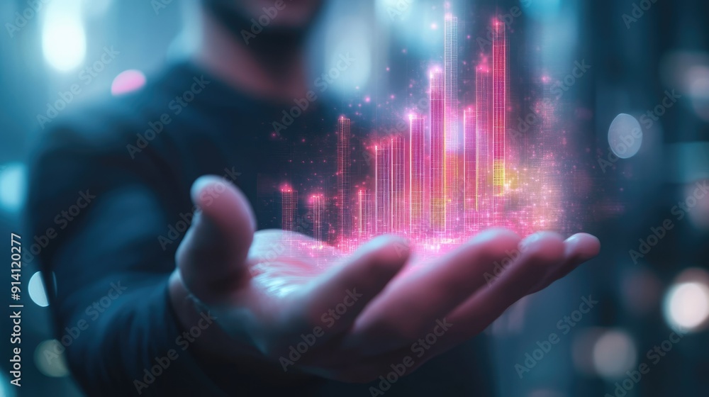 A businessman holding a holographic image of a growth graph for 2025, planning for future business success. A businessman holding a holographic image of a growth graph for 2025, planning for future business success.