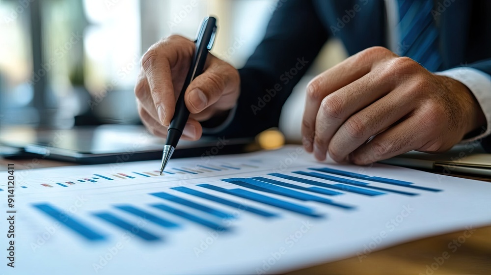 A businessman presents a growth graph for 2025, focusing on business analysis and planning for future goals. A businessman presents a growth graph for 2025, focusing on business analysis and planning for future goals.