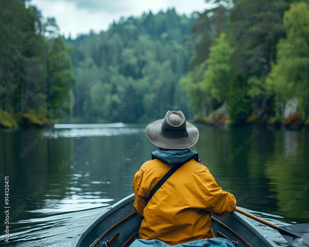 Overweight person enjoying a serene boat ride on a calm lakeside surrounded by lush nature and tranquil scenery Overweight person enjoying a serene boat ride on a calm lakeside surrounded by lush nature and tranquil scenery