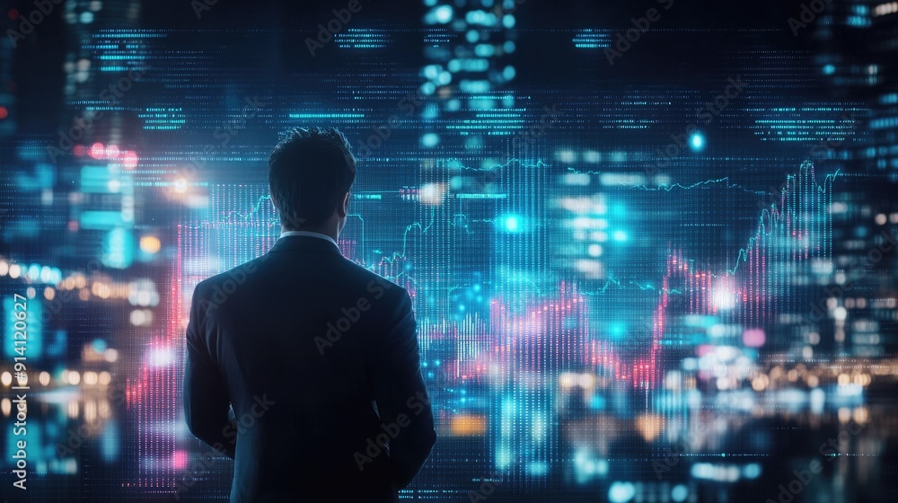 A businessman with a digital graph showing stock market growth trends, strategizing for success in 2025. A businessman with a digital graph showing stock market growth trends, strategizing for success in 2025.