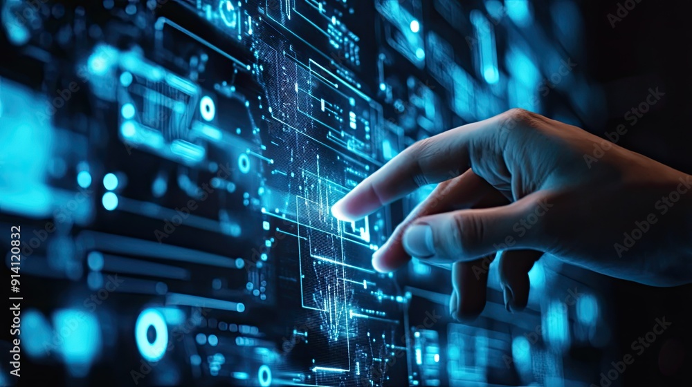 A close-up of a hand touching a digital interface, showcasing the integration of IoT and cloud technology in business A close-up of a hand touching a digital interface, showcasing the integration of IoT and cloud technology in business