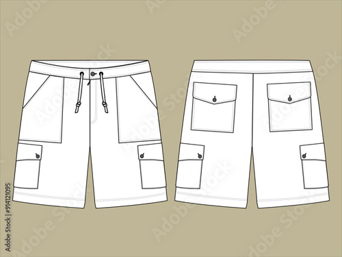 Boys cargo shorts pant drawstring on the waistband flat sketch outline victor illustration template.
