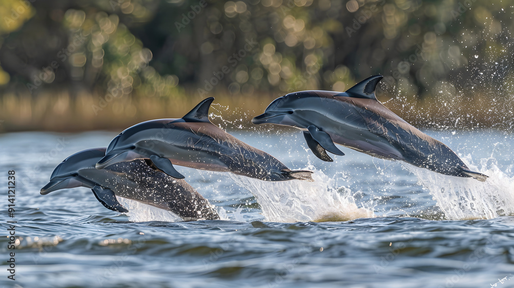 Obraz premium Three dolphins joyfully jumping in unison out of the water against a clear blue sky.