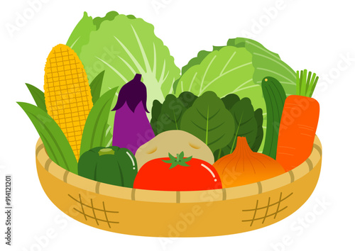野菜の入った浅いの籠のイラスト

