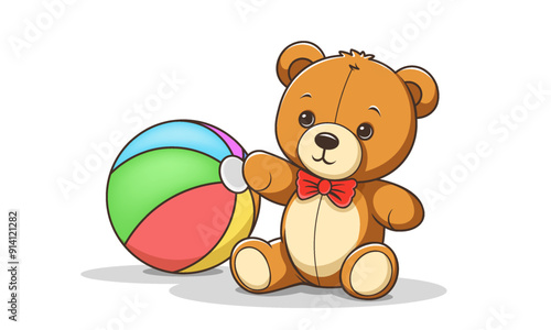 Vector cartoon cute kind plush cuddly sitting teddy bear toy with bow tie and rainbow inflatable baby ball. White isolated background.