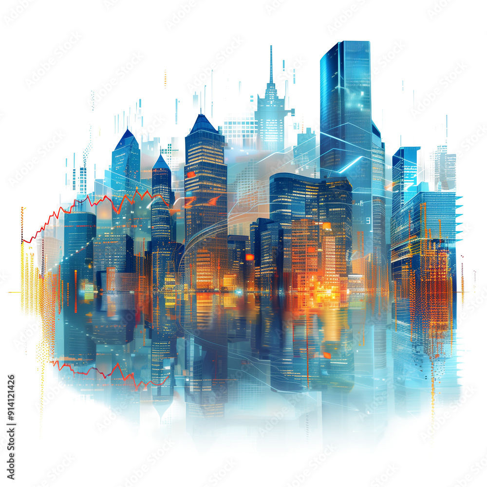 Obraz premium A modern city with abstract forex charts isolated on a transparent background