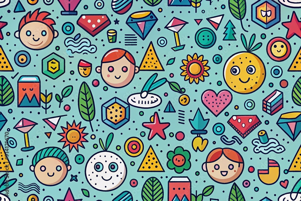Vibrant and playful doodle pattern featuring geometric shapes, childish icons, and creative minimalist design elements on a seamless background for kids and trendy projects.