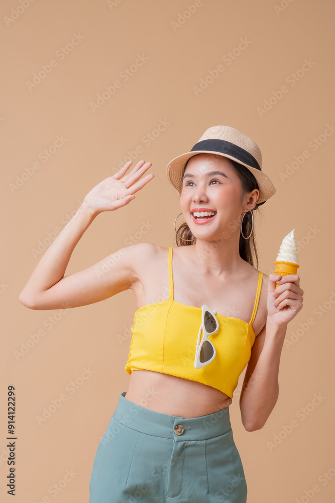 summer freshness asian cheerful woman summer dress hand hold ice cream sweet dessert smiling happiness summertime advertisment studio photoshoot cute and curious friendly on color screen summer freshness asian cheerful woman summer dress hand hold ice cream sweet dessert smiling happiness summertime advertisment studio photoshoot cute and curious friendly on color screen