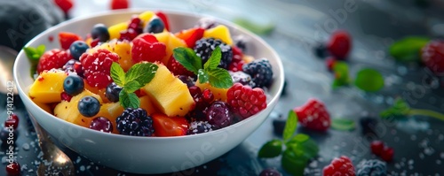 Delicious fruit salad with various berries, 4K hyperrealistic photo