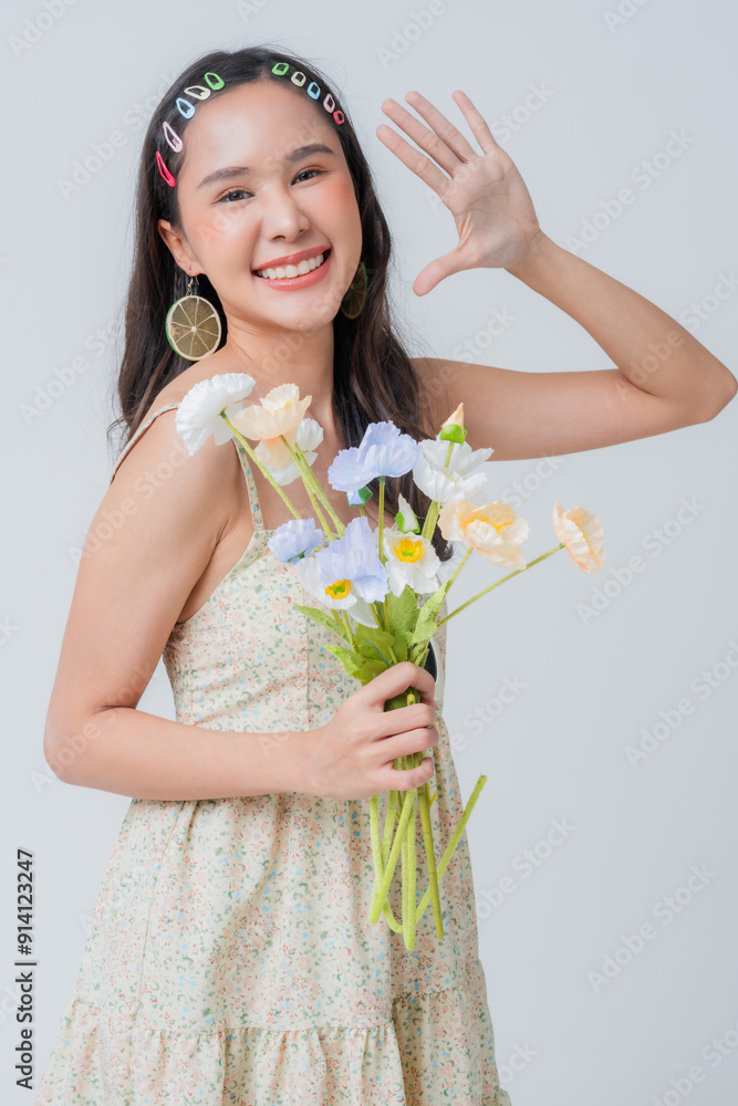summertime casual asian female adult woman sweet romance style dress bohemian look portrait studio shot smiling peaceful stylish fashion makeup cosy relax feeling hand hold flower bouquets summer summertime casual asian female adult woman sweet romance style dress bohemian look portrait studio shot smiling peaceful stylish fashion makeup cosy relax feeling hand hold flower bouquets summer