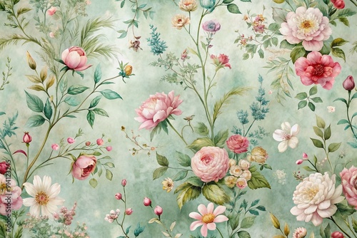 Delicate floral motifs adorn a distressed, vintage-inspired wallpaper featuring lush greenery, soft pastel hues, and intricately illustrated blooming flowers in a whimsical, dreamy atmosphere.