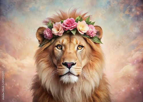 Vibrant portrait of a regal lion with a delicate floral crown on its majestic head against a soft pastel pink background with subtle texture. photo