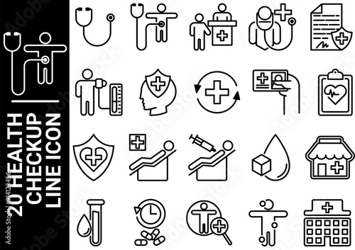 20 health checkup line icon, black and white