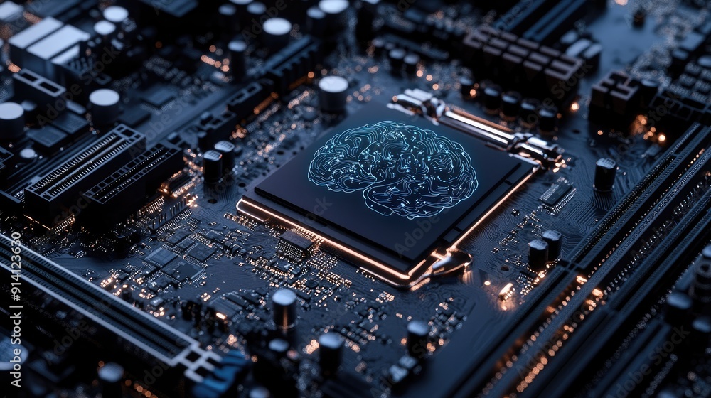 Fototapeta premium A futuristic motherboard with a brain design, supporting 12th Core processors and emphasizing AI technology and gaming