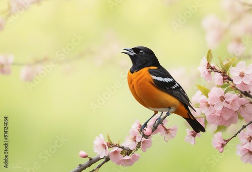 A Baltimore Oriole Icterus galbula perched on a blooming cherry tree photo