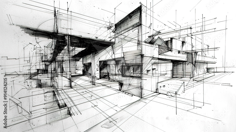 Obraz premium The Fascinating World of Abstract Architectural Drawings: A Blend of Creativity and Innovation. Showcasing Unconventional Designs and Inspiring Spatial Concepts.