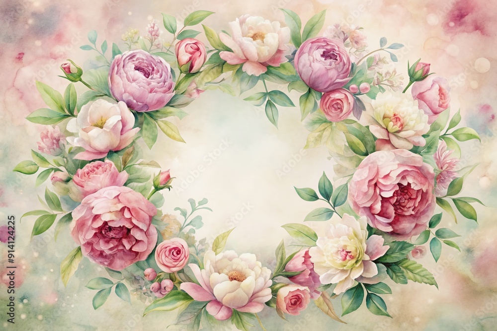 Obraz premium Soft focus watercolor rose wreath with peonies and delicate background paint creates a romantic and whimsical beautiful postcard or wallpaper photo perfect for any occasion.