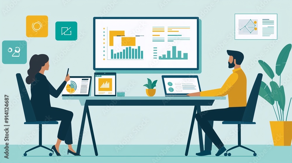 Modern Flat Design Illustration of a Financial Advisor Meeting for Portfolio Review Modern Flat Design Illustration of a Financial Advisor Meeting for Portfolio Review