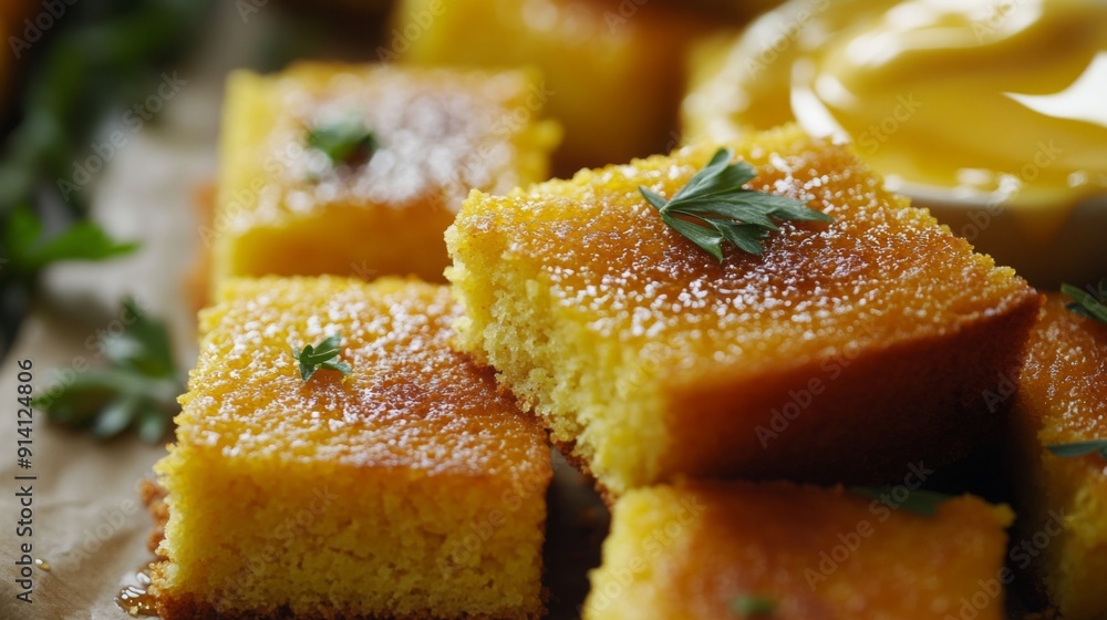 Warm slices of cornbread are arranged on a rustic table, garnished with parsley and served with melted butter. Warm slices of cornbread are arranged on a rustic table, garnished with parsley and served with melted butter.