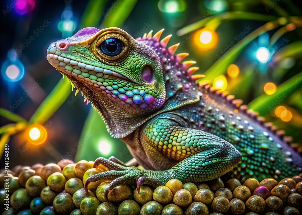 Obraz premium Vibrant, iridescent lizard with swirling, psychedelic scales and eyes shimmering like diamonds, perched on a crystal-encrusted branch amidst lush, exotic foliage.