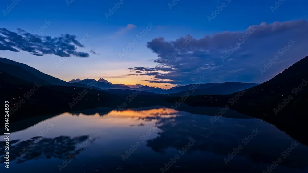 Sunset Tranquility: Timelapse of Clouds Over a Serene Lake with Mountain Reflections Sunset Tranquility: Timelapse of Clouds Over a Serene Lake with Mountain Reflections