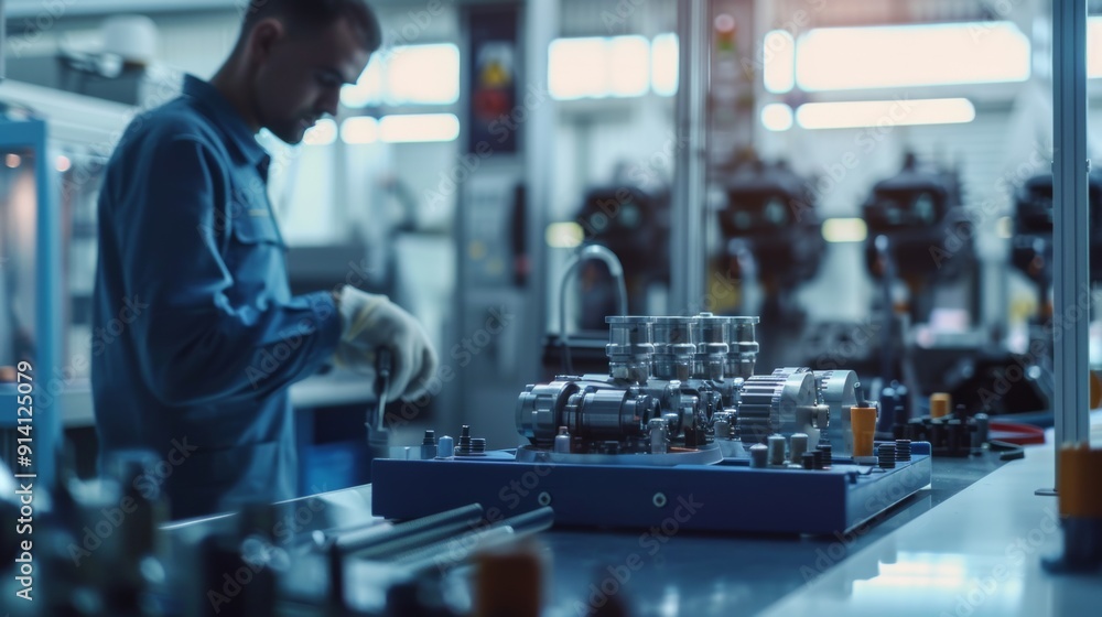 A worker in a factory operates machinery on a workstation, focusing intently. Industrial equipment and devices are visible in the background. A worker in a factory operates machinery on a workstation, focusing intently. Industrial equipment and devices are visible in the background.