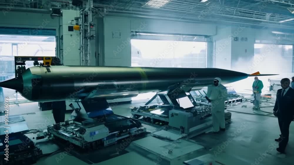 Missile at Defense Industry Enterprise Factory with Workers Engineers Zoom Out Missile at Defense Industry Enterprise Factory with Workers Engineers Zoom Out