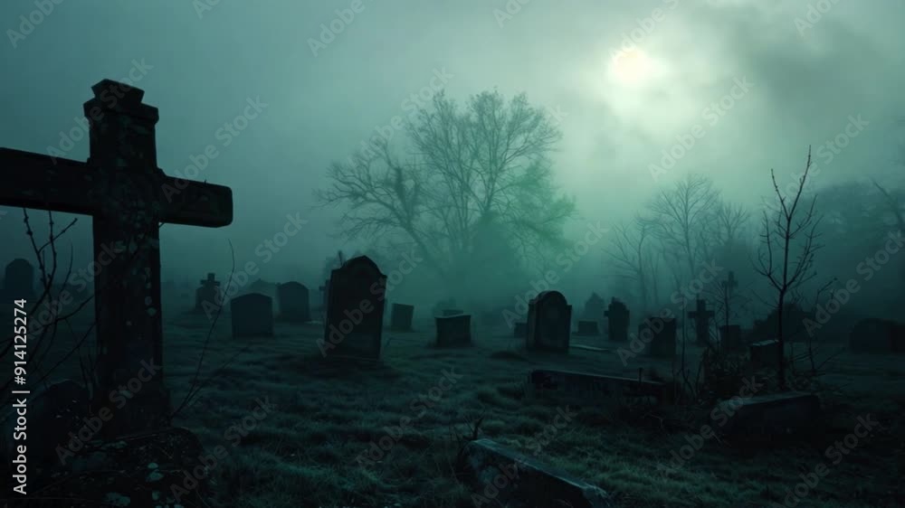 The misty cemetery at night is quiet The misty cemetery at night is quiet