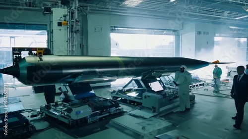 Сonstruction of a space rocket at the enterprise, engineers nearby