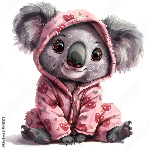 Photography Cute cartoon koala in pink pajamas sitting playfully with hearts
