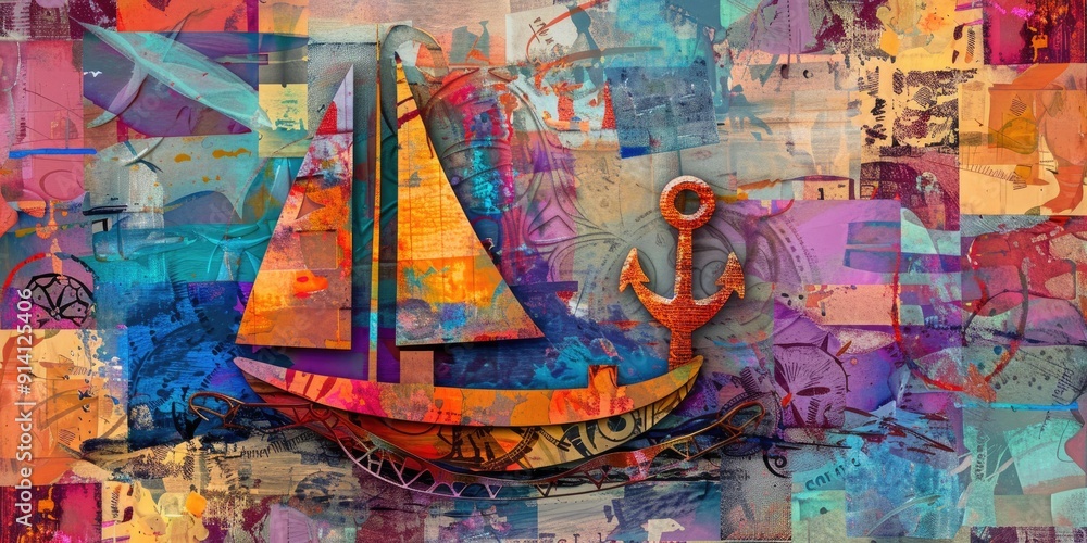 Fototapeta premium Abstract collage of sailboat and anchor.