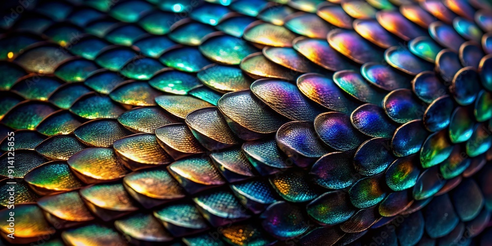 Obraz premium Intricate, glossy black scales of mythical creatures shimmer in light, revealing microscopic texture and subtle iridescence, evoking mystique and ancient power in high-contrast macro.