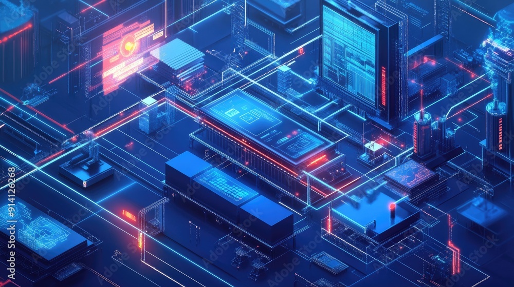 A smart industry environment with connected devices and data analytics, showcasing the future of business processes and digital transformation A smart industry environment with connected devices and data analytics, showcasing the future of business processes and digital transformation