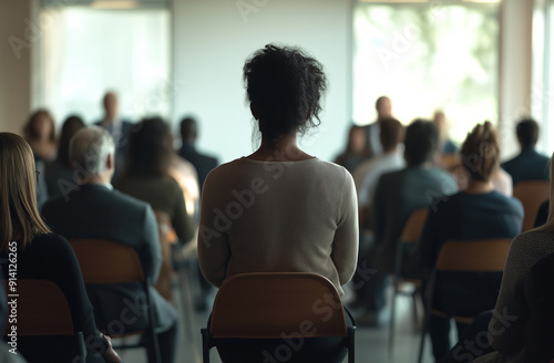 A diverse group of business people sat in chairs at an event. One person stood and spoke to the audience