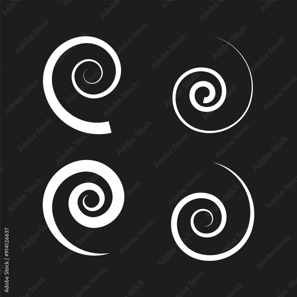 Spiral vector set. White spirals on black background. Abstract circular designs. Geometric patterns. Spiral vector set. White spirals on black background. Abstract circular designs. Geometric patterns.