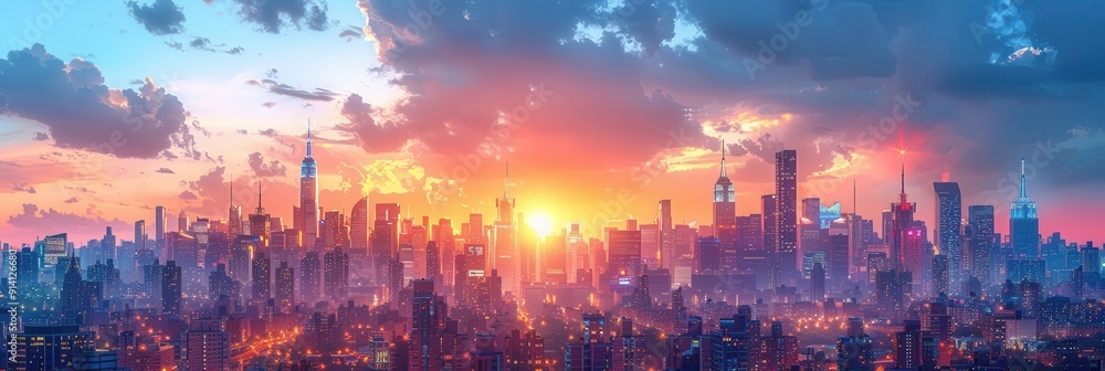 Fototapeta premium Stunning panoramic view of a city skyline at sunset with vibrant colors and dramatic clouds.