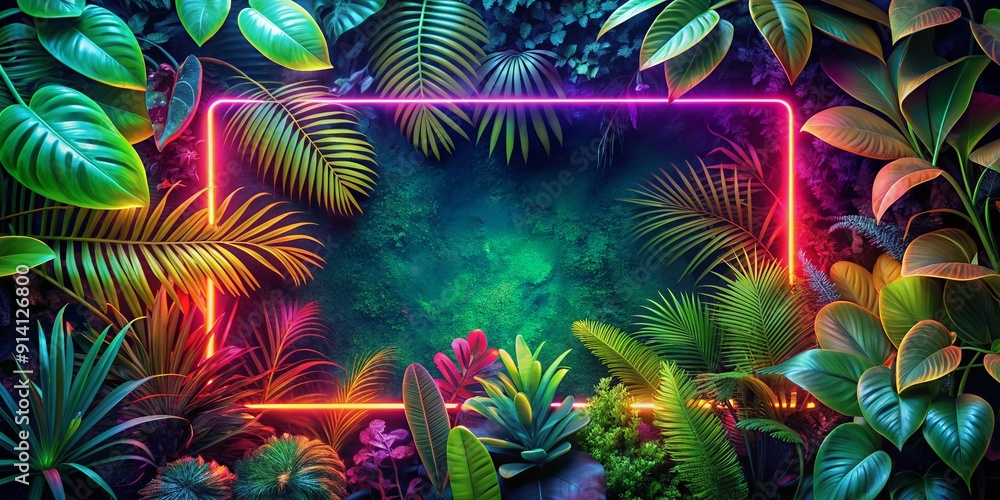 Vibrant neon frame template surrounded by lush tropical jungle foliage, featuring exotic leaves, vines, and flowers in a bright, colorful, and mesmerizing atmosphere. Vibrant neon frame template surrounded by lush tropical jungle foliage, featuring exotic leaves, vines, and flowers in a bright, colorful, and mesmerizing atmosphere.