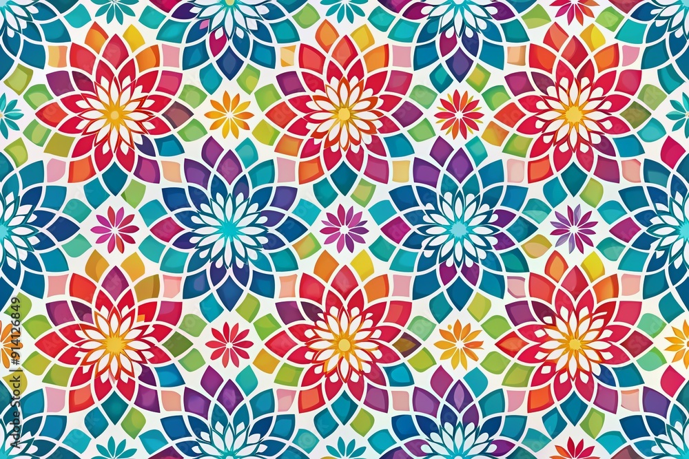 Vibrant Blooming Floral Shapes in Repeating Sequence Form a Colorful Seamless Pattern of Interlocking Geometric Flowers on a White Background with No Overlapping Edges. Vibrant Blooming Floral Shapes in Repeating Sequence Form a Colorful Seamless Pattern of Interlocking Geometric Flowers on a White Background with No Overlapping Edges.