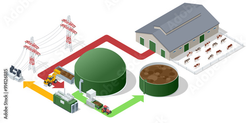 Isometric Modern biogas plant Biogas is an environmentally friendly clean, and cheap combustible gas produced from livestock manure and agricultural waste by microorganisms in an anaerobic environment