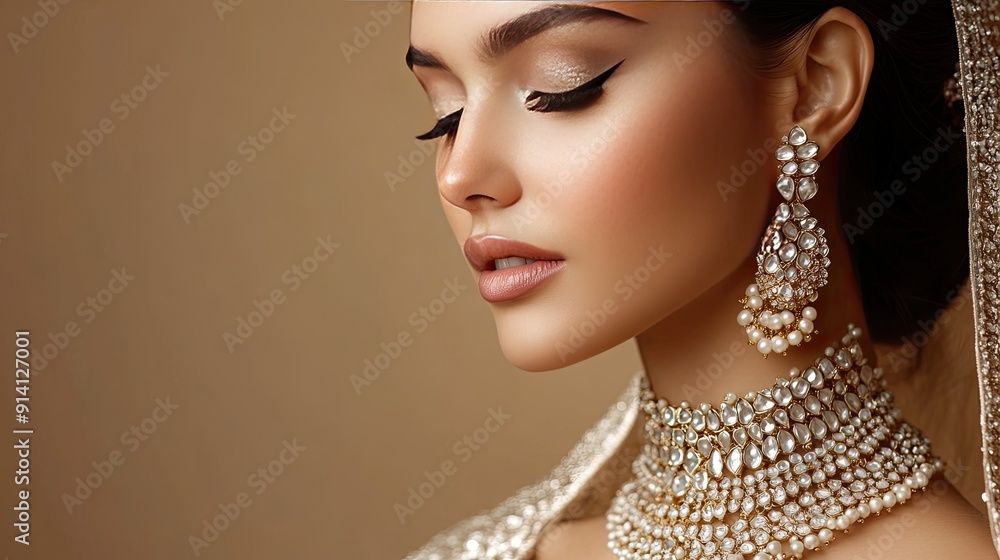 An elegant woman adorned in a wedding jewelry set, with a stunning necklace and earrings, flawless eyeliner makeup, and smooth skin on a beige background An elegant woman adorned in a wedding jewelry set, with a stunning necklace and earrings, flawless eyeliner makeup, and smooth skin on a beige background