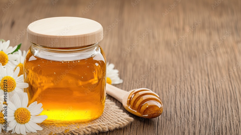 A jar of honey sits on a rustic wooden table, adorned with vibrant wildflowers, set against a serene outdoor backdrop A jar of honey sits on a rustic wooden table, adorned with vibrant wildflowers, set against a serene outdoor backdrop