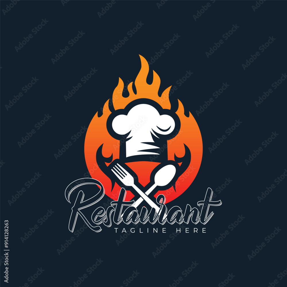 Restaurant chef hat with spoon and fork logo design template vector illustration idea with fire background