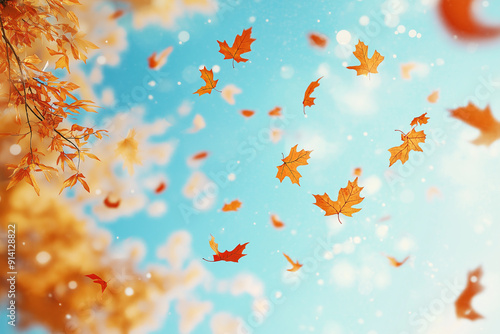 Autumn leaves falling in the air, light blue background, autumn colors, vector illustration, simple, flat design 