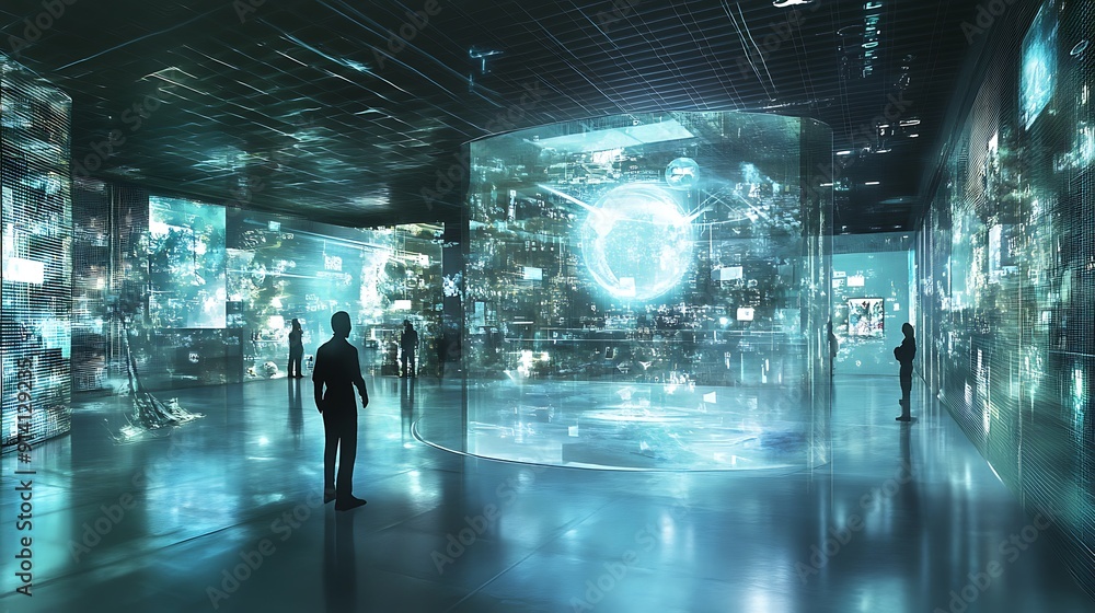 Futuristic Holographic Projection: Immersive VR Experience with Interactive Floating Holograms in High-Tech Space Futuristic Holographic Projection: Immersive VR Experience with Interactive Floating Holograms in High-Tech Space
