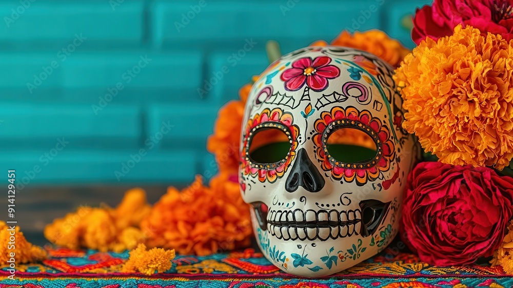 Decorated Day of the Dead mask resting on a vibrant altar, celebrating cultural heritage Decorated Day of the Dead mask resting on a vibrant altar, celebrating cultural heritage